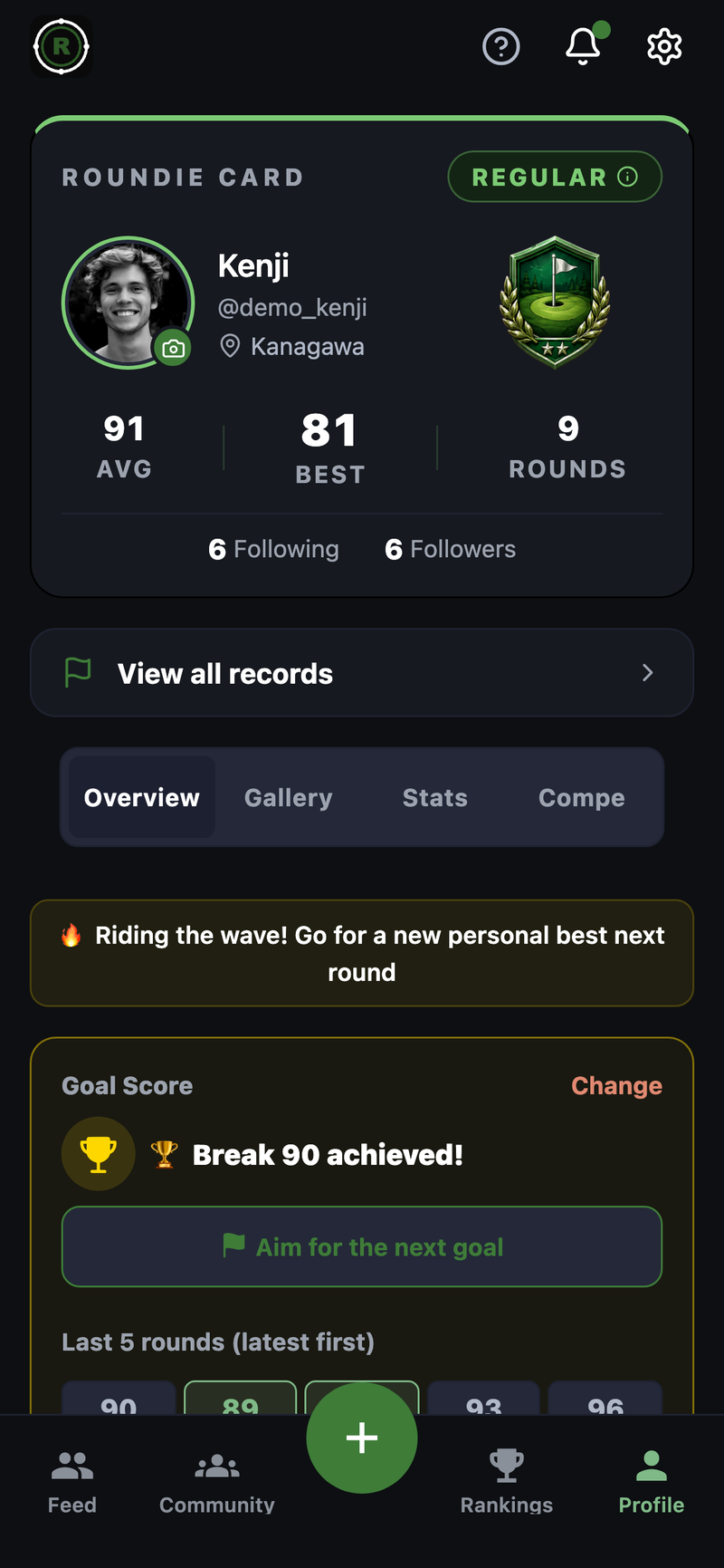 The actual ROUNDIE profile page (ROUNDIE CARD). The REGULAR title emblem, average, best, round count, goals, and the trend of the last 5 rounds — all on one card.